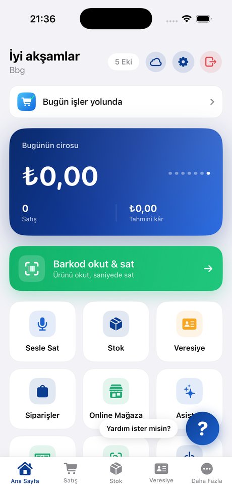 Kassa barkodlu satış uygulaması ana ekranı — ciro, barkod okut & sat, hızlı modüller