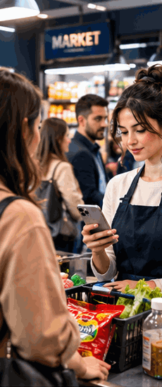 Markette telefonla barkod okutarak satış yapan kasiyer
