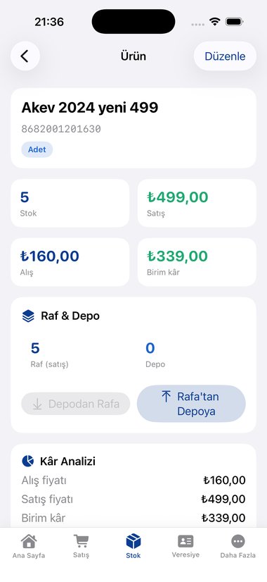 Kassa ürün detay ekranı — stok, alış/satış fiyatı, kâr analizi, raf ve depo